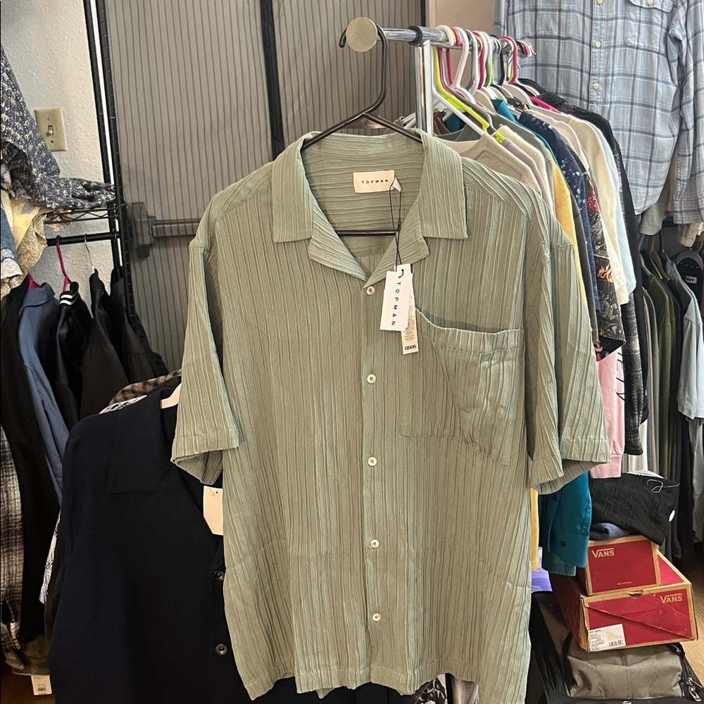 Topman Plisse Green Button Down Shirt
